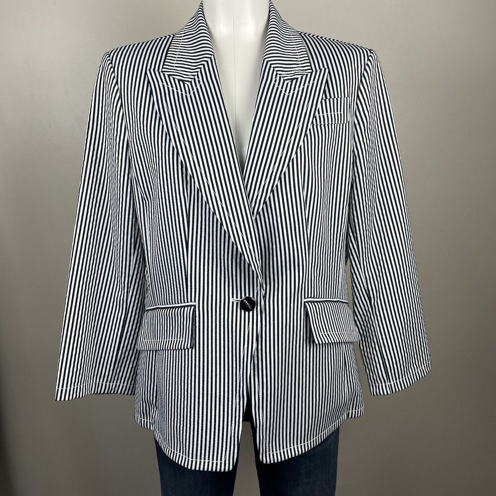 St. John Black White Striped Classic One Button Blazer Size 12 Cotton Blend Luxu